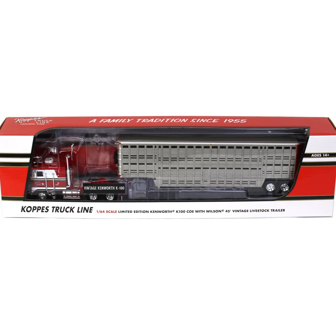 1/64 Kenworth K100 COE Flattop w/ 45ft Vintage Wilson Livestock Trailer, Koppes Truck Line, DCP by First Gear