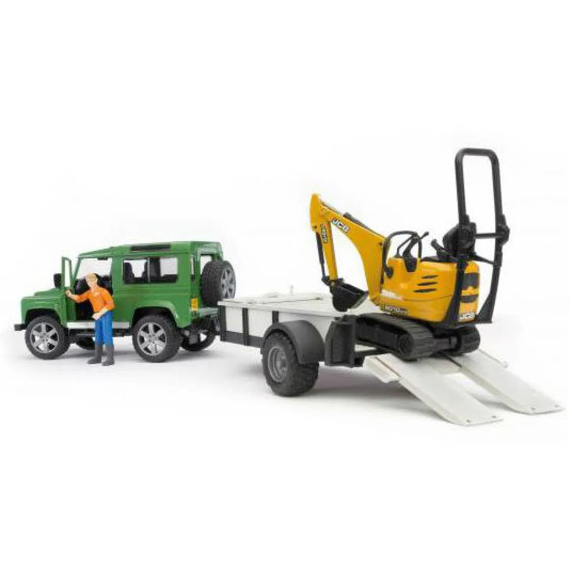 1/16 Land Rover Defender with Trailer, Mini Excavator, and Worker