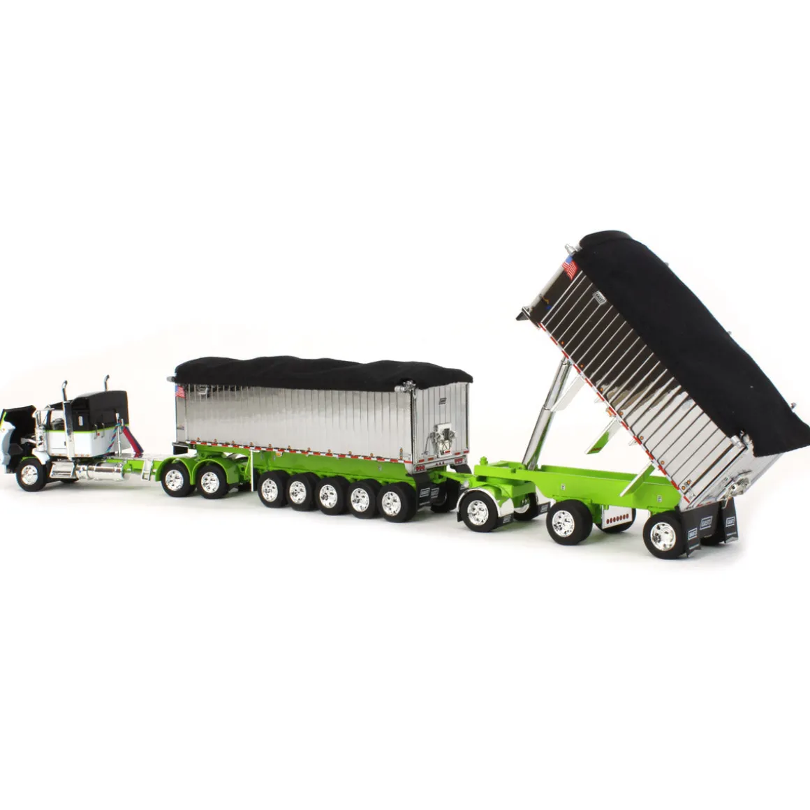 1/64 Lime/Chrome Kenworth T800 w/ Chrome East Genesis II End Dump Trailers, DCP by First Gear