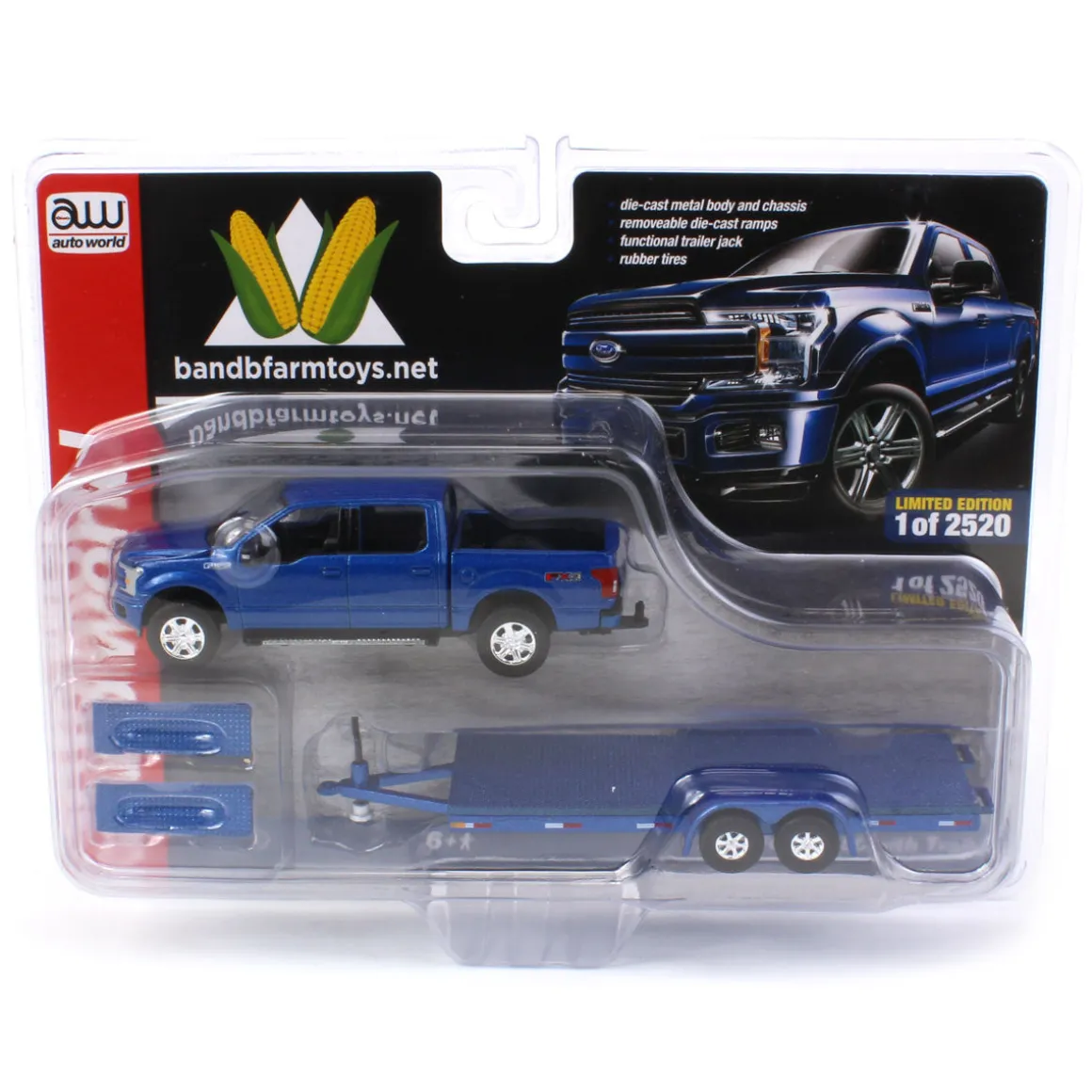 1/64 Limited Edition Metallic Blue 2019 Ford F-150 with Blue Trailer by Auto World
