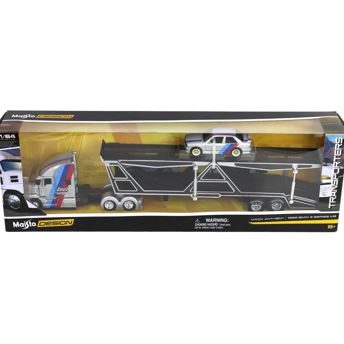 1/64 Mack Anthem Car Carrier with 1988 BMW 3 Series M3, Silver, Maisto