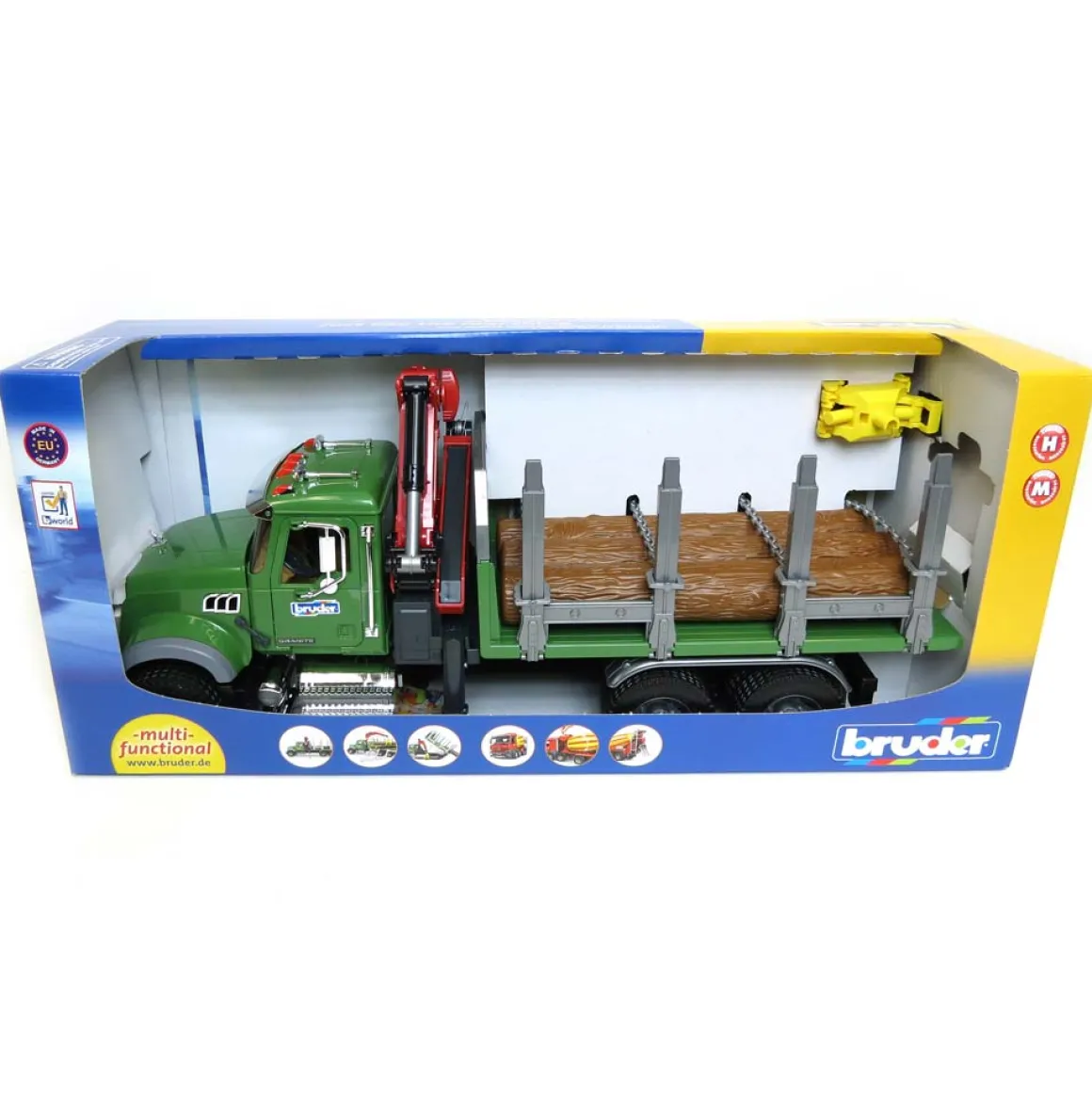 1/16 MACK Granite Log Truck with Knuckleboom Grapple Crane and 3 Logs by Bruder