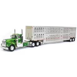 1/64 Neon & Dark Green Kenworth W900A Day Cab w/ Wilson Silver Star Livestock Trailer, DCP by First Gear