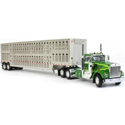 1/64 Neon & Dark Green Kenworth W900A Day Cab w/ Wilson Silver Star Livestock Trailer, DCP by First Gear