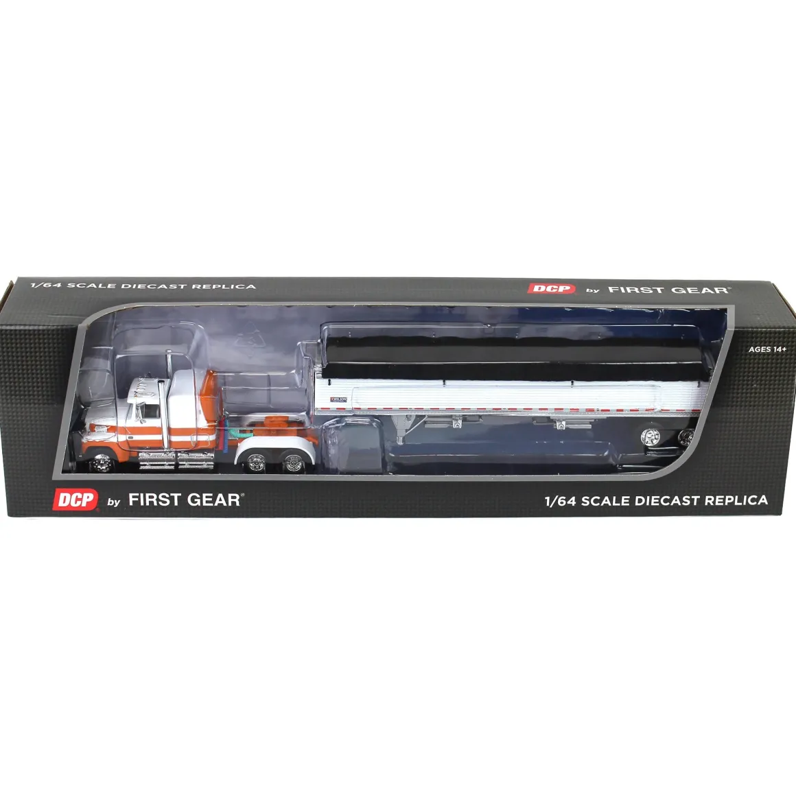 1/64 Orange & White Ford LTL 9000 60in Flattop with Wilson Pacesetter Grain Trailer, DCP by First Gear