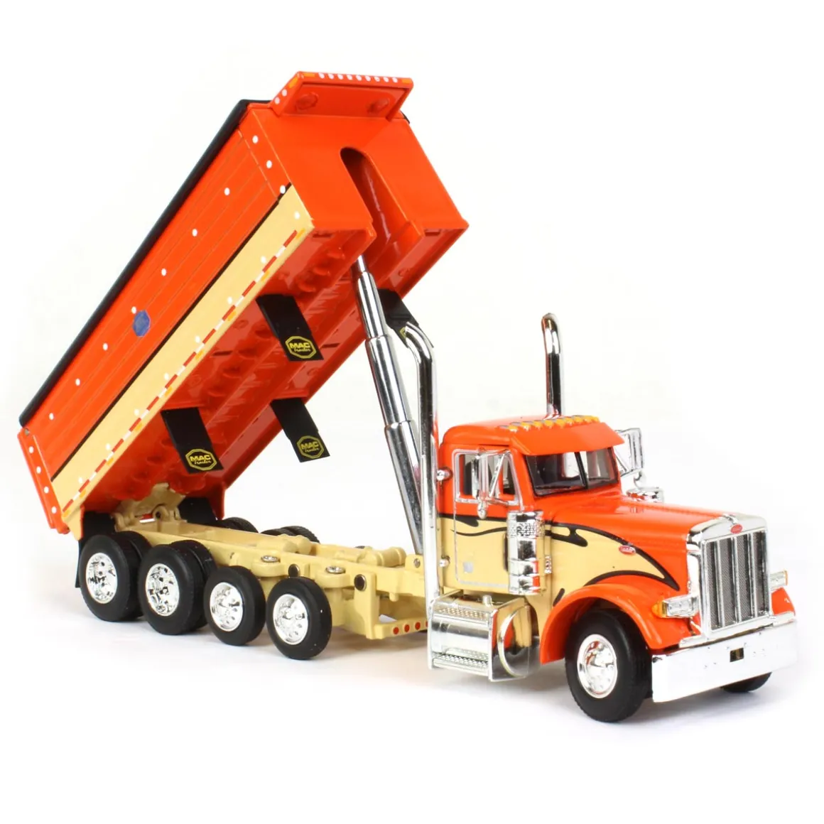 1/64 Orange, Black & Tan Peterbilt 379 w/ Quad-Axle MAC Dump Body, DCP by First Gear