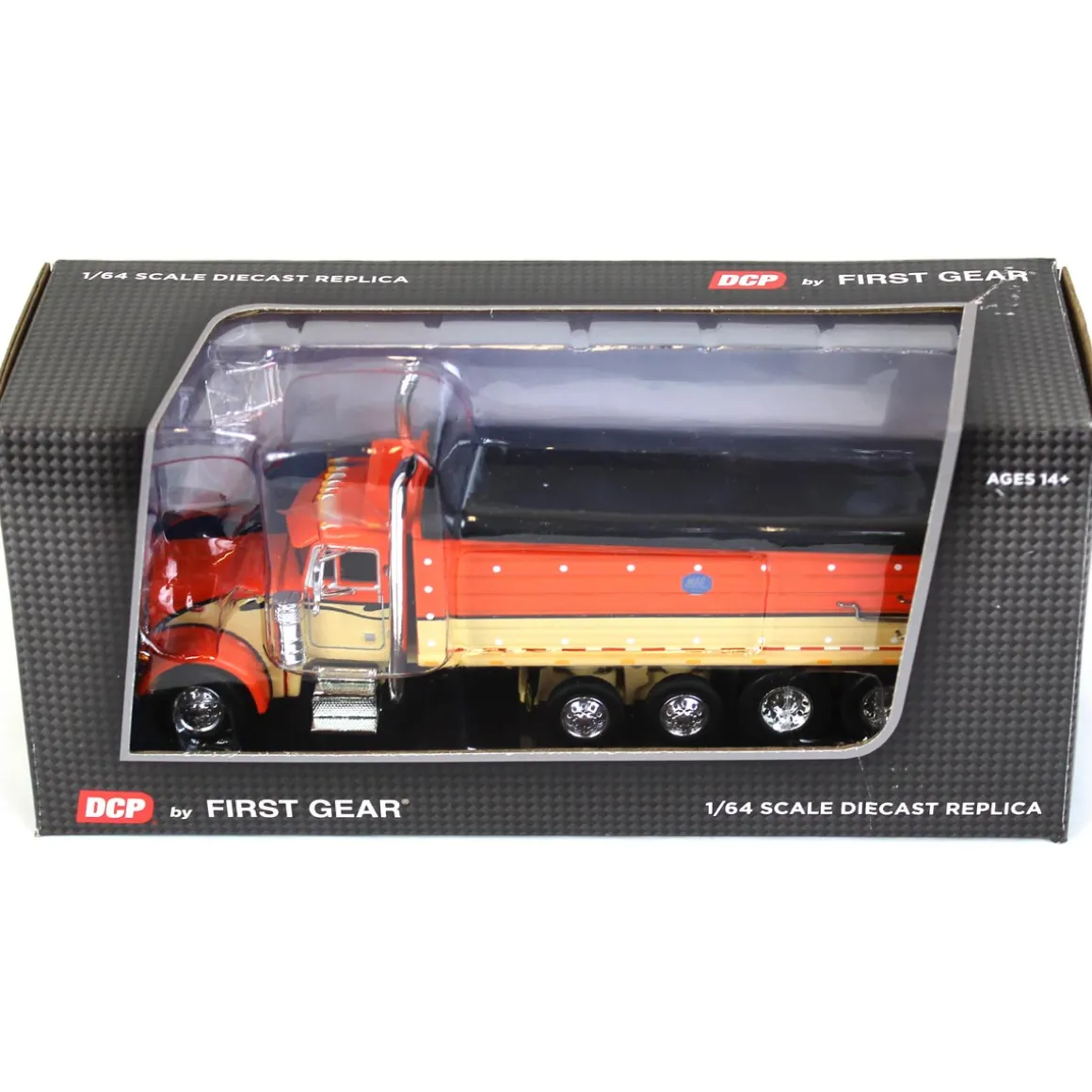 1/64 Orange, Black & Tan Peterbilt 379 w/ Quad-Axle MAC Dump Body, DCP by First Gear