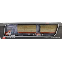 1/64 Orange/White Peterbilt 379 with 28.5ft Utility Dual Flatbed Trailers with Hay Loads, DCP by First Gear