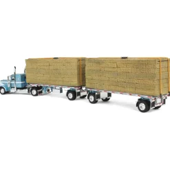 1/64 Pacific Blue Peterbilt 389 36in Flattop with Utility Dual Flatbeds & Hay Load, DCP by First Gear