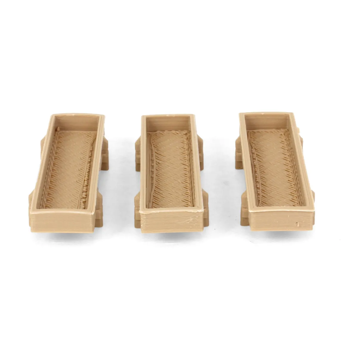 1/64 Pack of 3 Light Wood Feed Bunks, 3D Printed