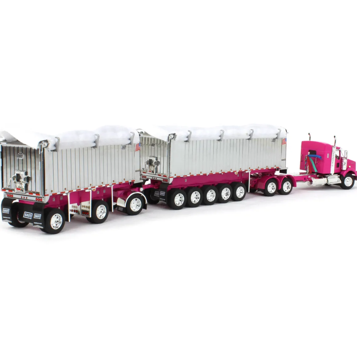 1/64 Pink/Chrome Kenworth T800 w/ Chrome East Genesis II End Dump Trailers, DCP by First Gear
