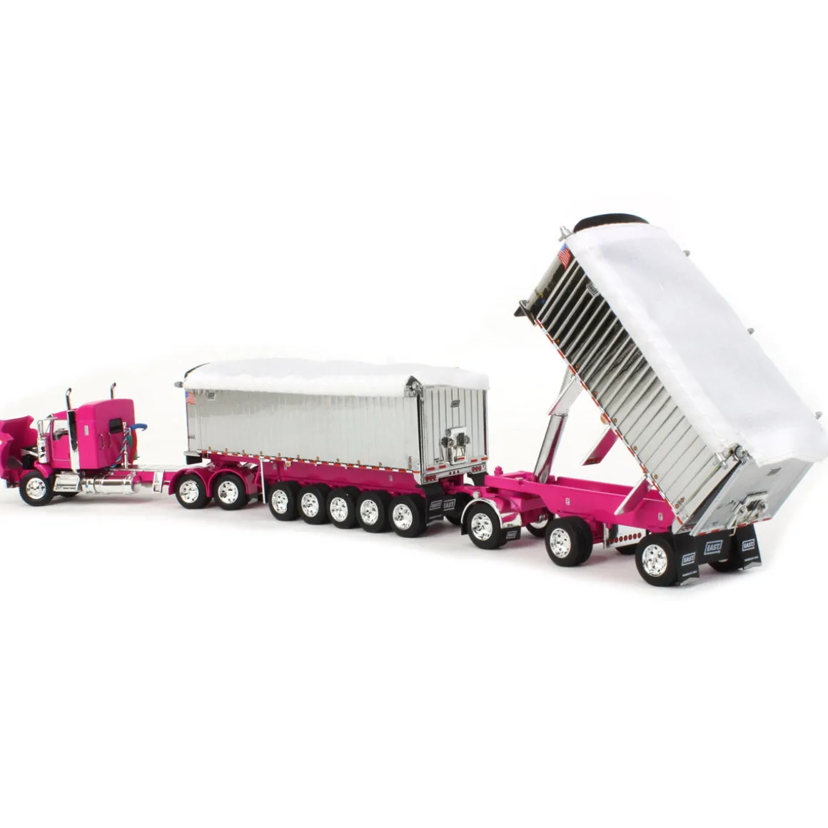 1/64 Pink/Chrome Kenworth T800 w/ Chrome East Genesis II End Dump Trailers, DCP by First Gear