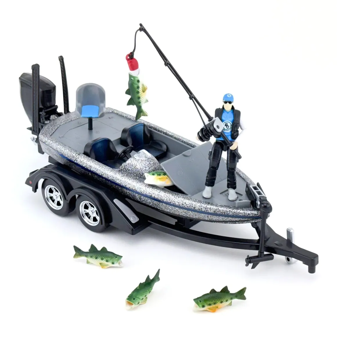 1/20 Professional Bass Boat with Angler, Fish, Fishing Pole, and Boat Trailer by Big Country Toys