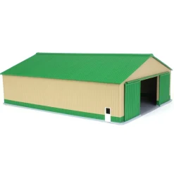 1/64 "The Professional" Tan/Green 60ft x 80ft Machine & Farm Shed w/ Sliding Doors, 3D Printed