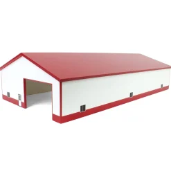 1/64 Red & White 60ft x 120ft Wooden Implement Shed with Double Side Doors