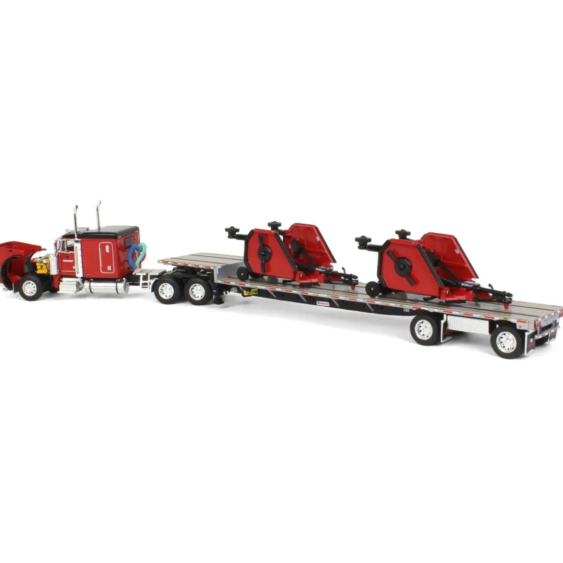 1/64 Red Bush Hog Peterbilt 379 63" Flattop Sleeper w/ Transcraft Deck Trailer & 2 Bush Hog Wing Mowers