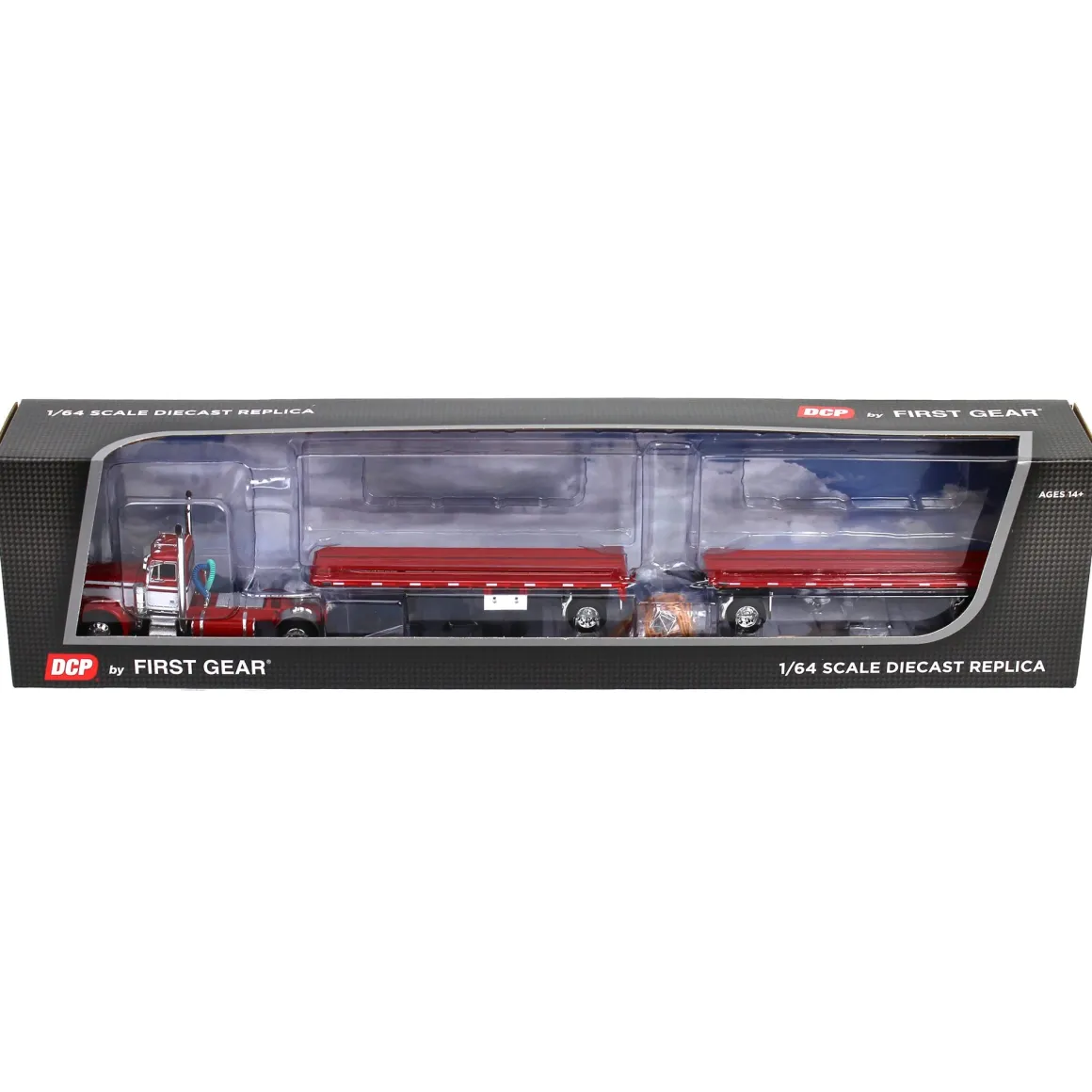 1/64 Red Peterbilt 379 with 28.5ft Utility Tandem Flatbed Trailers, DCP by First Gear