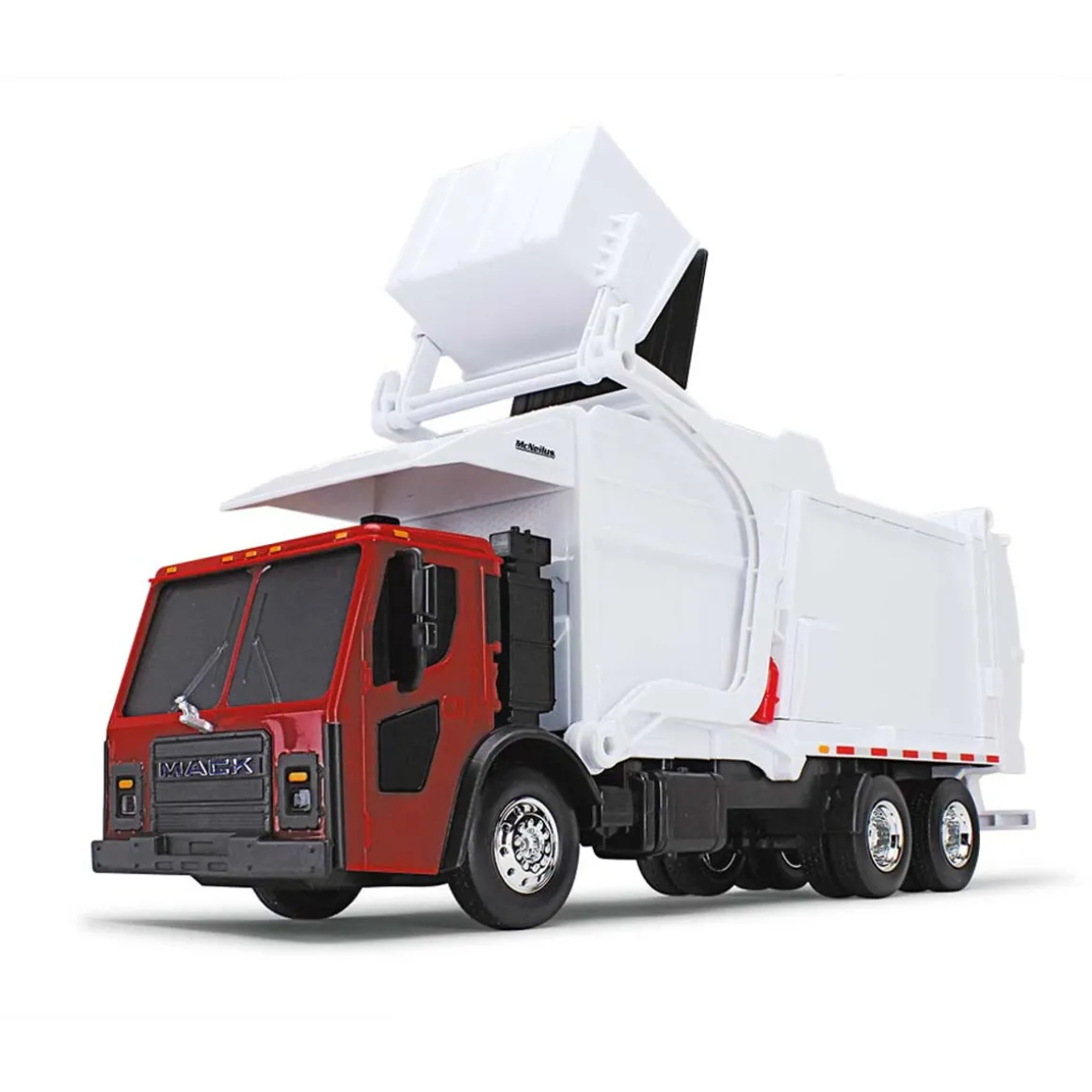1/25 Red/White Mack LR Garbage Truck w/ McNeilus Meridian Loader & Dumpster (Includes Lights & Sounds!)