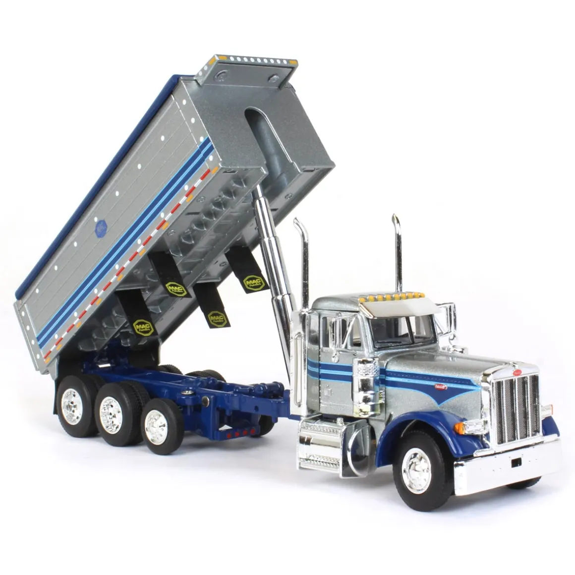 1/64 Silver & Blue Peterbilt 379 w/ Tri-Axle MAC Dump Body, DCP by First Gear