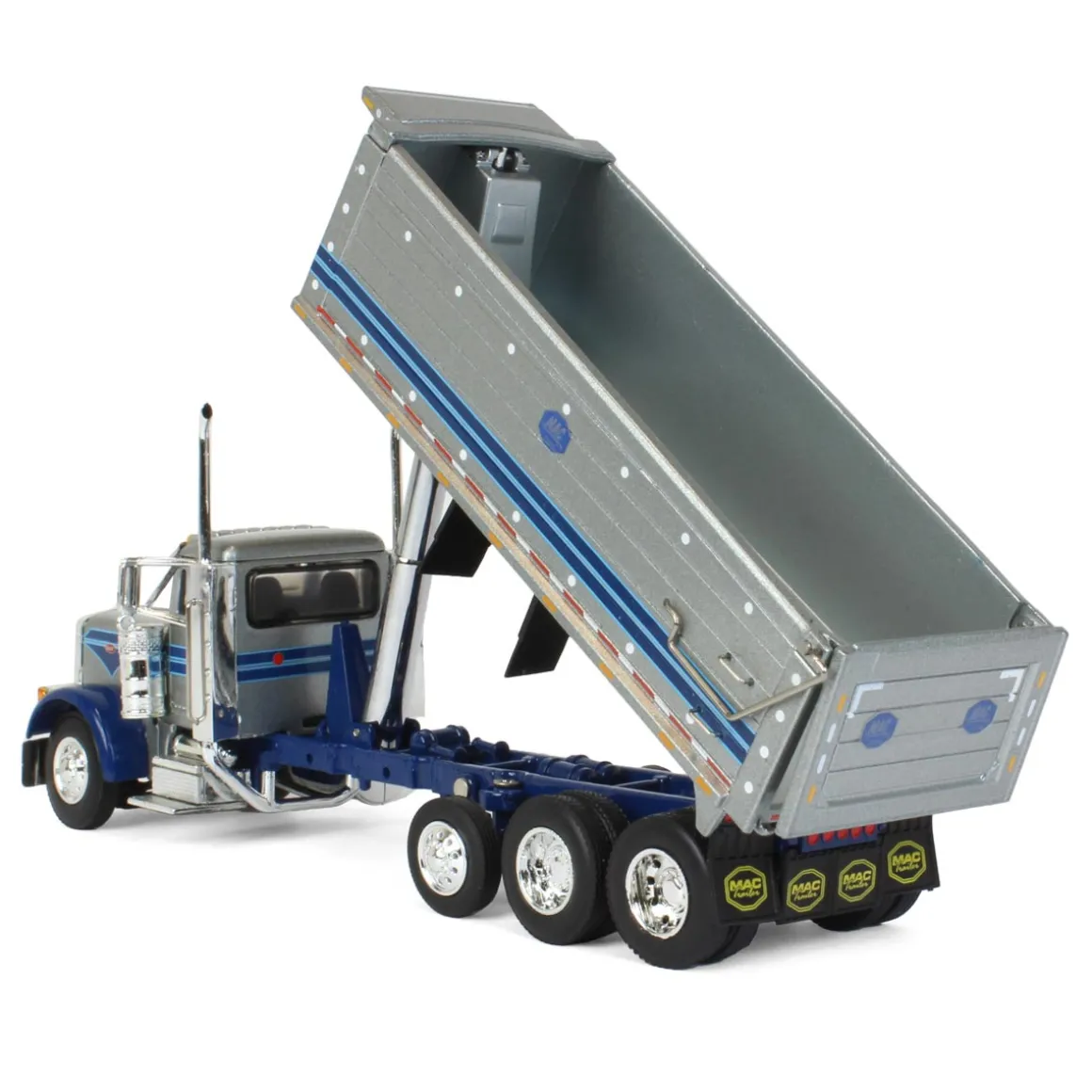 1/64 Silver & Blue Peterbilt 379 w/ Tri-Axle MAC Dump Body, DCP by First Gear