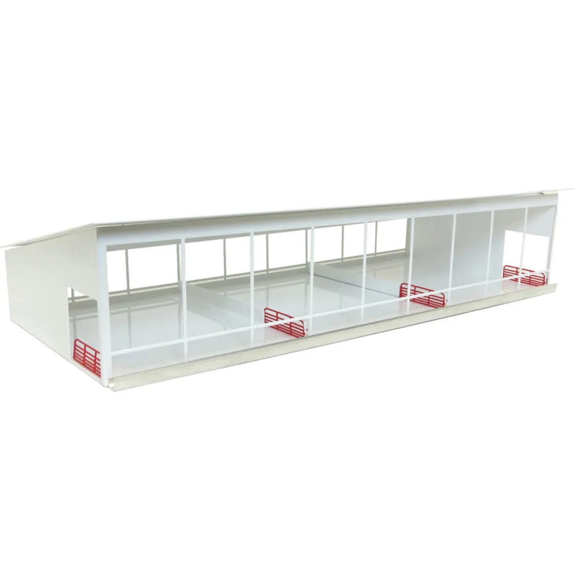 1/64 ST387W Metal Monoslope Cattle Barn with gates and feed trough, White, 27 inches long