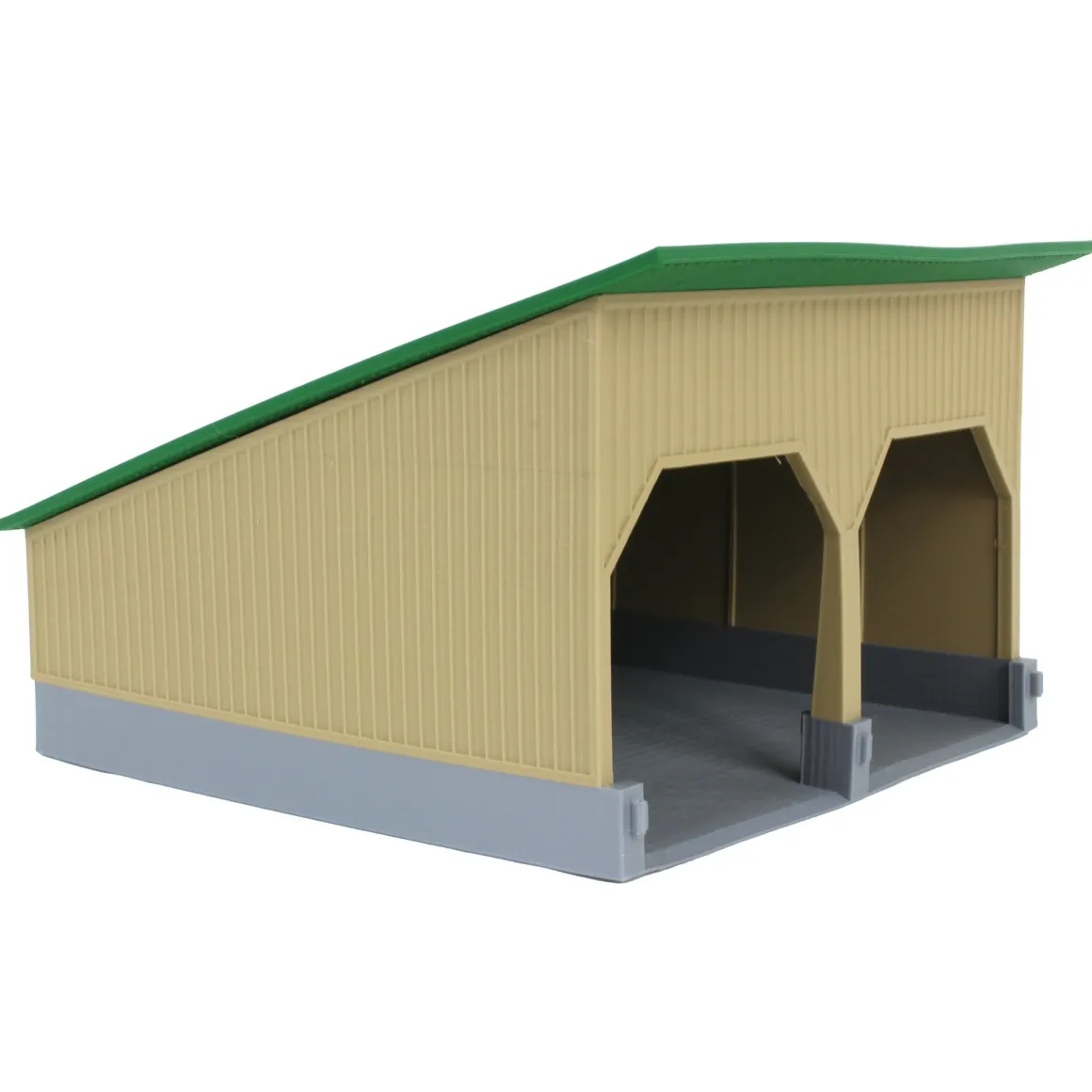 1/64 The Double Bay 40ft x 40ft Cattle Shed, Tan & Green, 3D Printed