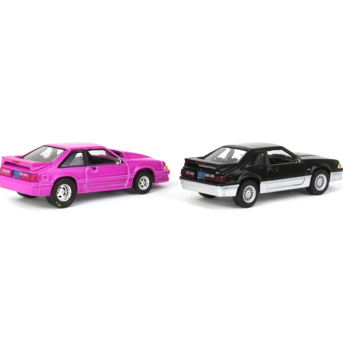 1/64 Twin Pack 1988 Ford Mustang GT Stock & Modified Set, Black/Silver & Pink, LP Diecast Project Garage