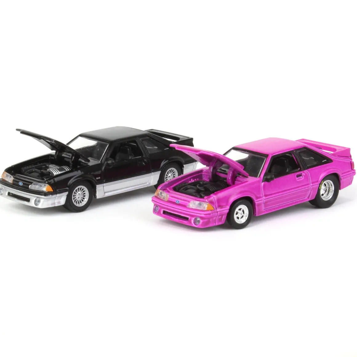 1/64 Twin Pack 1988 Ford Mustang GT Stock & Modified Set, Black/Silver & Pink, LP Diecast Project Garage