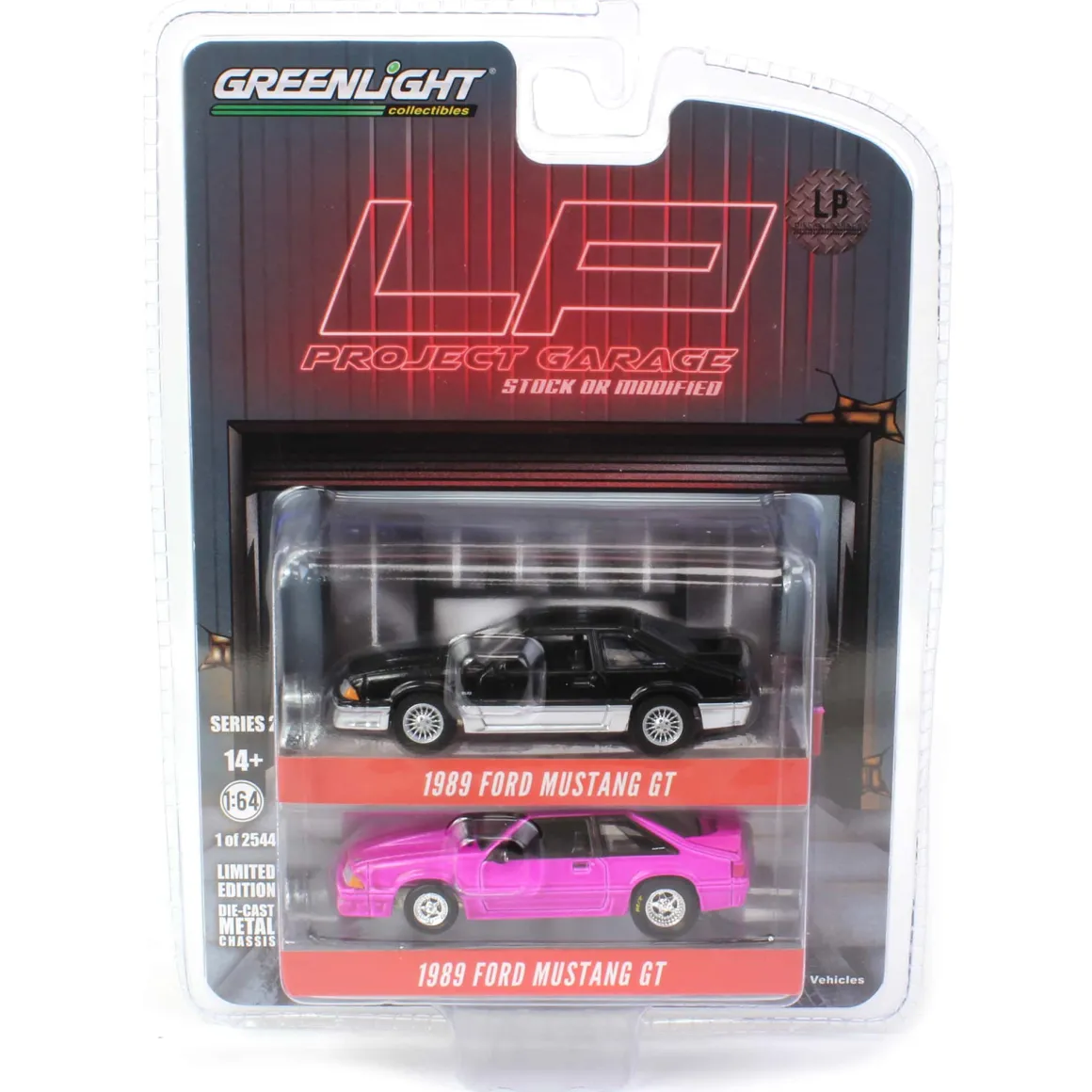 1/64 Twin Pack 1988 Ford Mustang GT Stock & Modified Set, Black/Silver & Pink, LP Diecast Project Garage