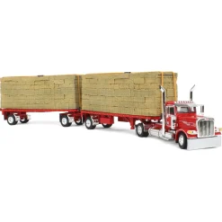 1/64 Viper Red Peterbilt 389 Day Cab with Utility Dual Flatbeds & Hay Load, DCP by First Gear