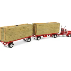 1/64 Viper Red Peterbilt 389 Day Cab with Utility Dual Flatbeds & Hay Load, DCP by First Gear