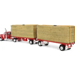 1/64 Viper Red Peterbilt 389 Day Cab with Utility Dual Flatbeds & Hay Load, DCP by First Gear