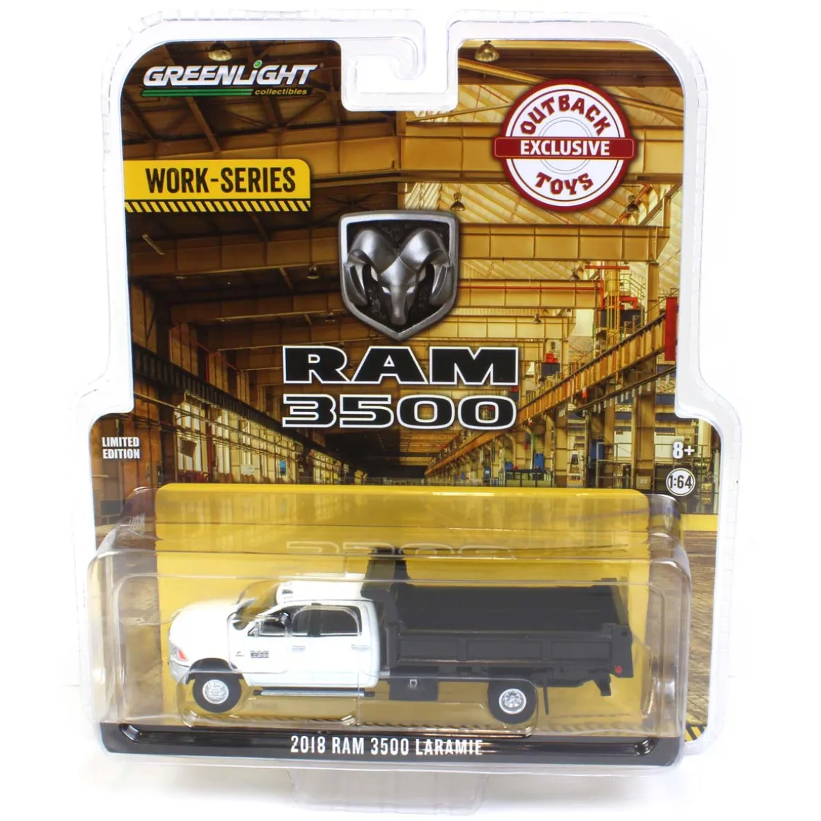1/64 White 2018 Ram 3500 Dually with Black Dump Bed, Outback Toys Exclusive