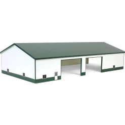 1/64 White & Forest Green 60ft x 120ft Wooden Implement Shed with Double Side Doors