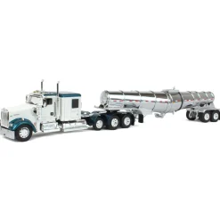 1/64 White & Teal Kenworth W900L w/ Chrome Polar Tandem-Axle Deep Drop Tank Trailer, DCP by First Gear
