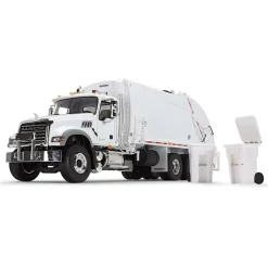 1/34 White Mack Granite MP w/ McNeilus Rear Load Refuse Truck & Trash Cans