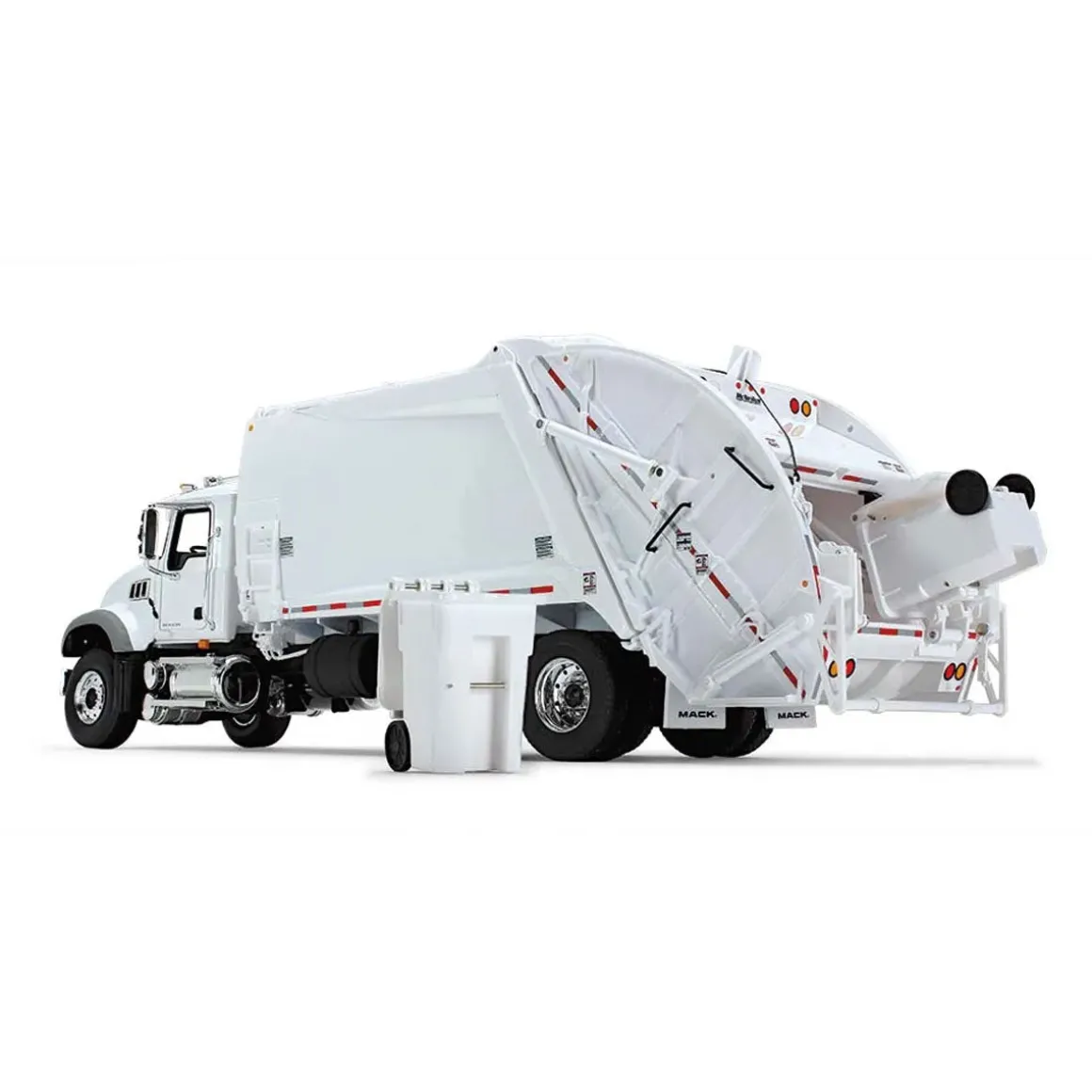 1/34 White Mack Granite MP w/ McNeilus Rear Load Refuse Truck & Trash Cans