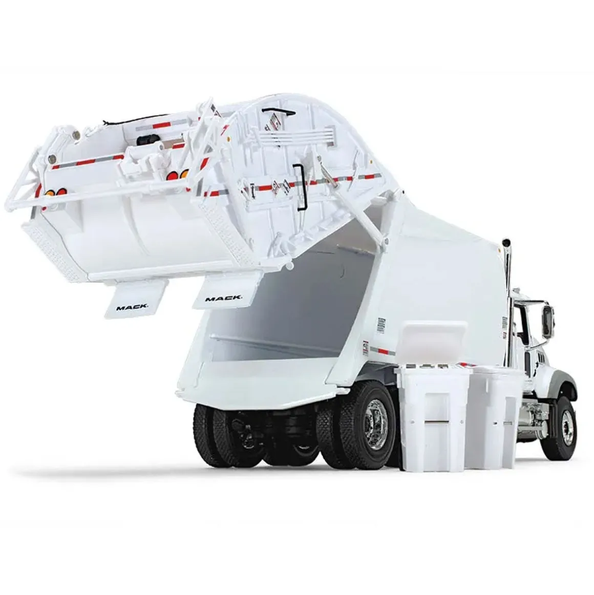 1/34 White Mack Granite MP w/ McNeilus Rear Load Refuse Truck & Trash Cans