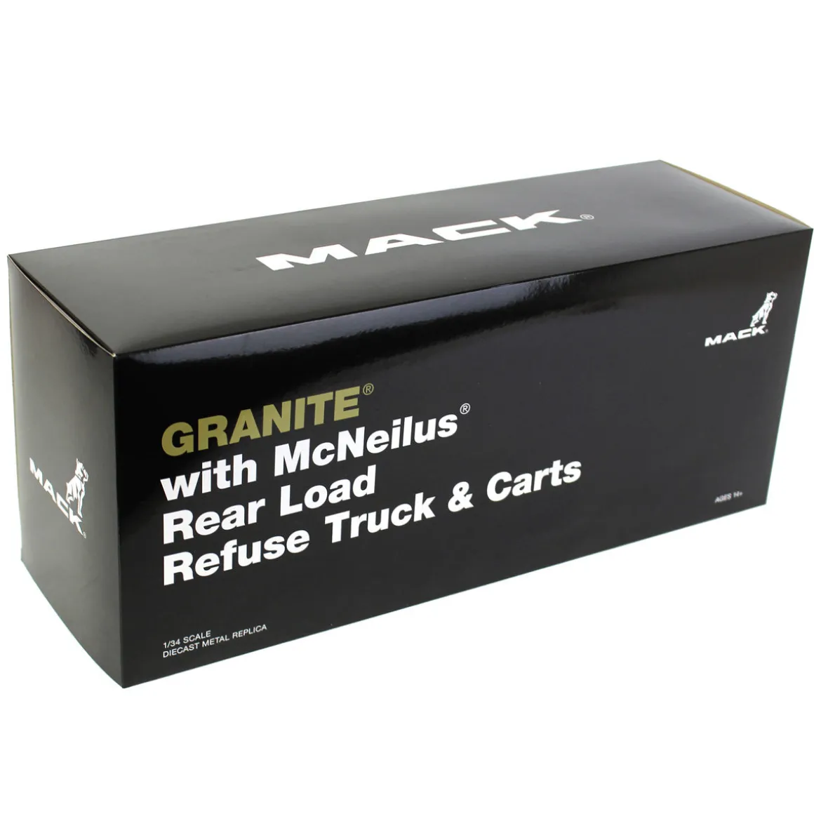 1/34 White Mack Granite MP w/ McNeilus Rear Load Refuse Truck & Trash Cans