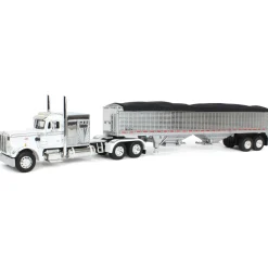 1/64 White/Chrome Peterbilt 359 60in Vintage Sleeper w/ Wilson High Side Grain Trailer, DCP by First Gear