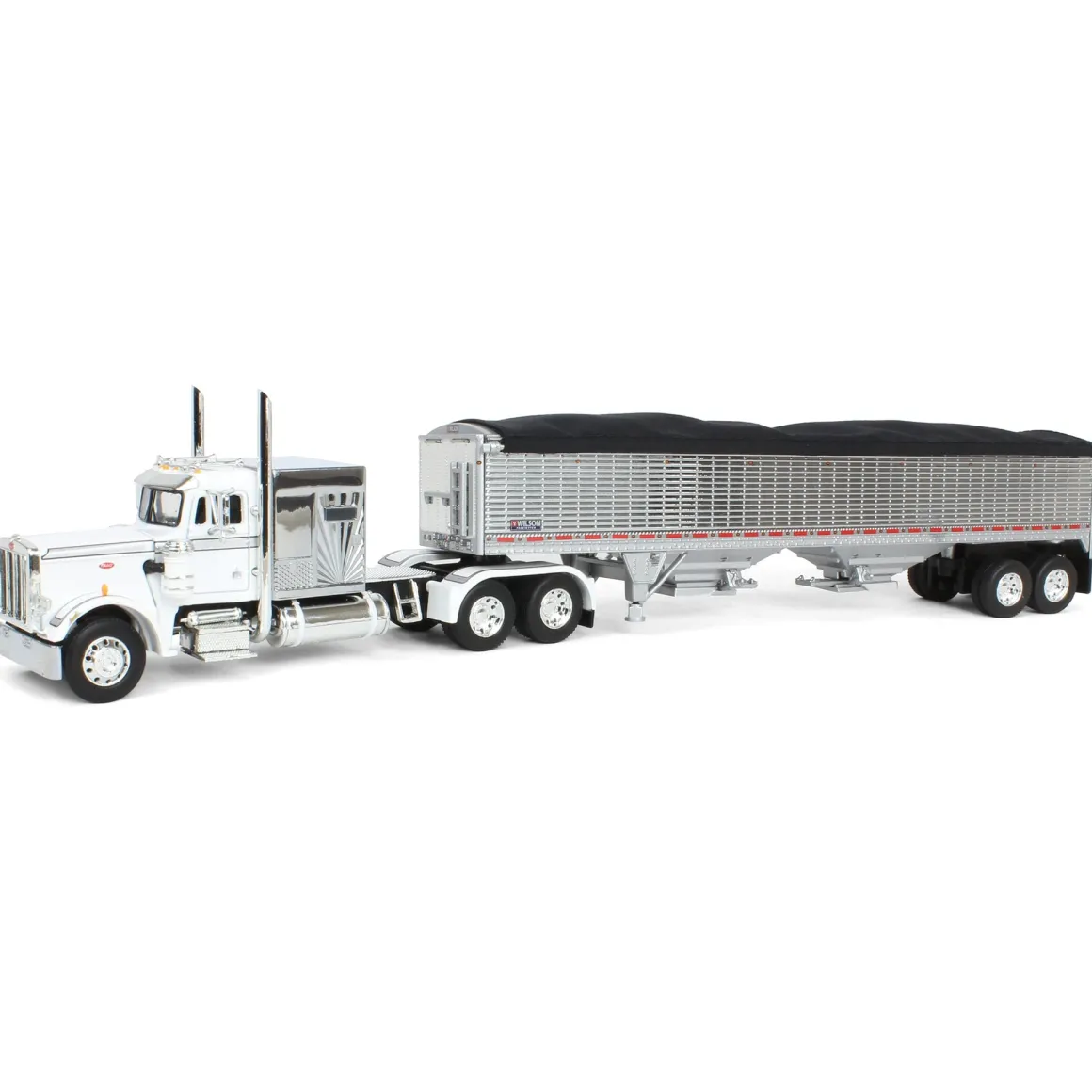 1/64 White/Chrome Peterbilt 359 60in Vintage Sleeper w/ Wilson High Side Grain Trailer, DCP by First Gear