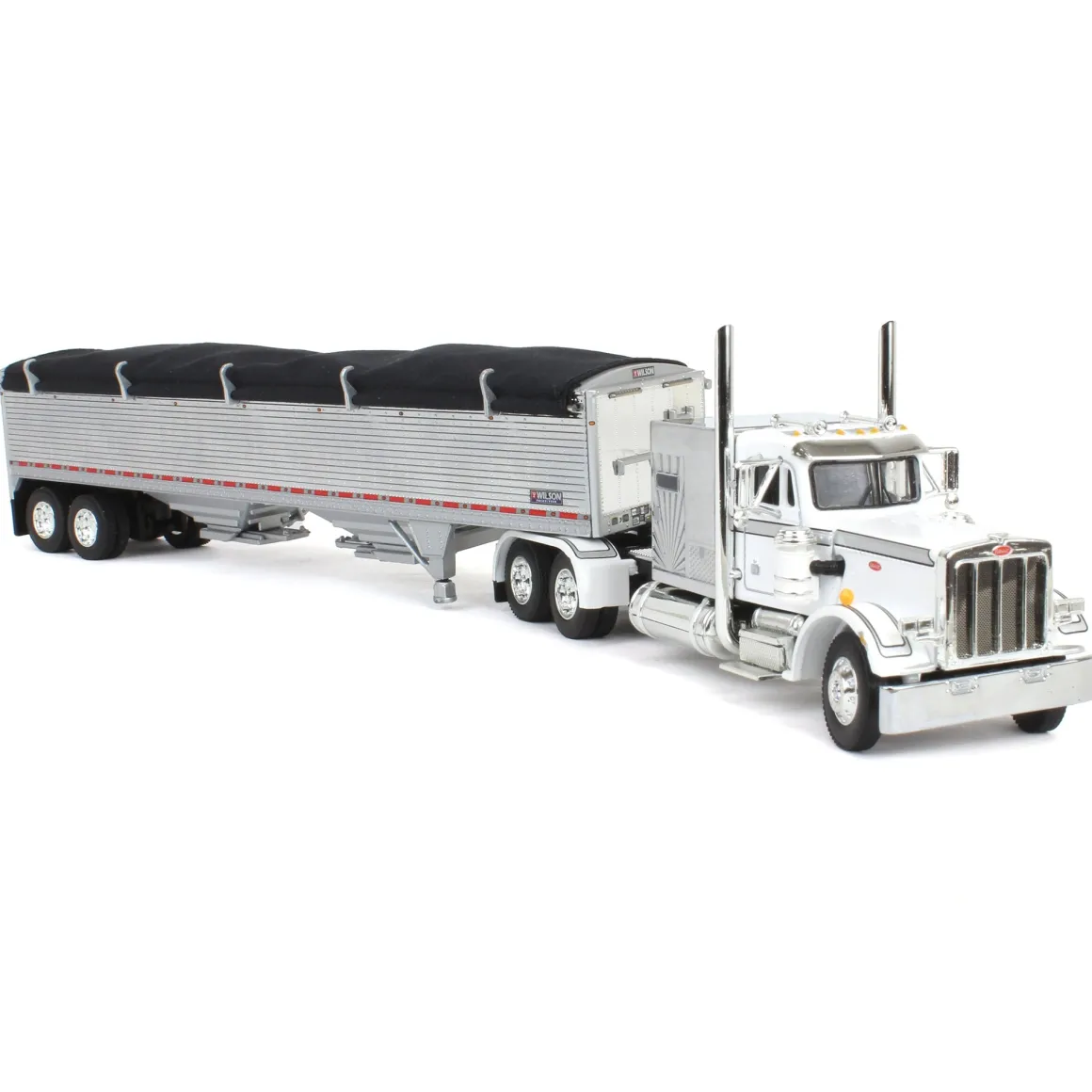 1/64 White/Chrome Peterbilt 359 60in Vintage Sleeper w/ Wilson High Side Grain Trailer, DCP by First Gear