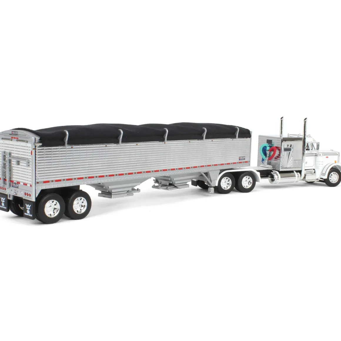 1/64 White/Chrome Peterbilt 359 60in Vintage Sleeper w/ Wilson High Side Grain Trailer, DCP by First Gear