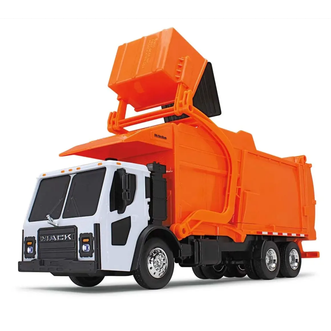 1/25 White/Orange Mack LR Garbage Truck w/ McNeilus Meridian Loader & Dumpster (Includes Lights & Sounds!)