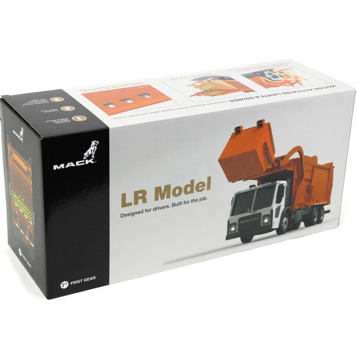 1/25 White/Orange Mack LR Garbage Truck w/ McNeilus Meridian Loader & Dumpster (Includes Lights & Sounds!)