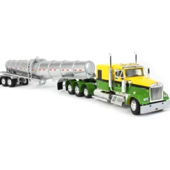 1/64 Yellow & Green Kenworth W900L w/ Silver Chrome Polar Tandem-Axle Deep Drop Tank Trailer, DCP by First Gear