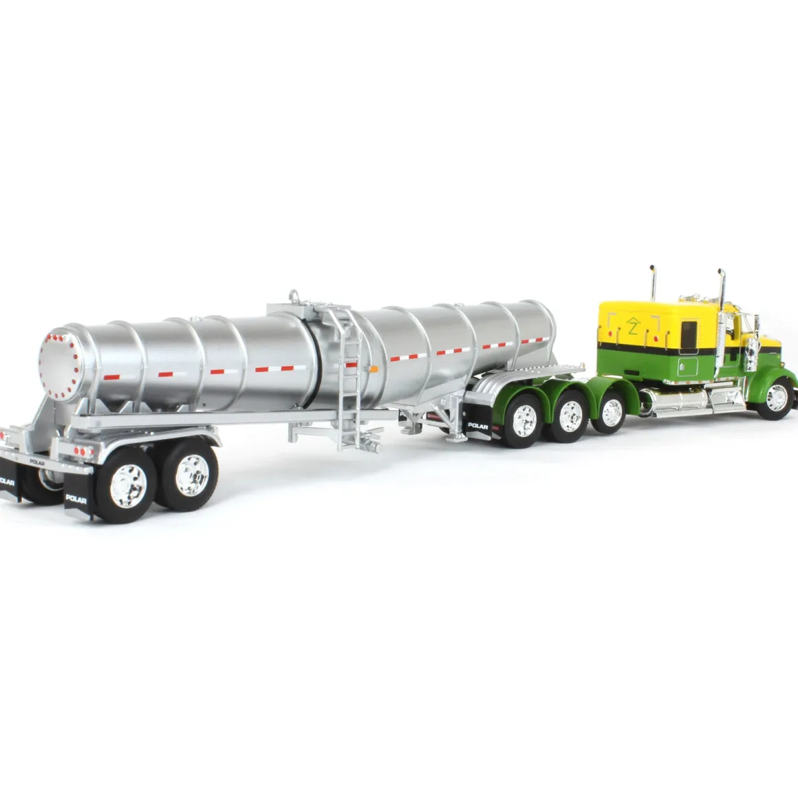 1/64 Yellow & Green Kenworth W900L w/ Silver Chrome Polar Tandem-Axle Deep Drop Tank Trailer, DCP by First Gear