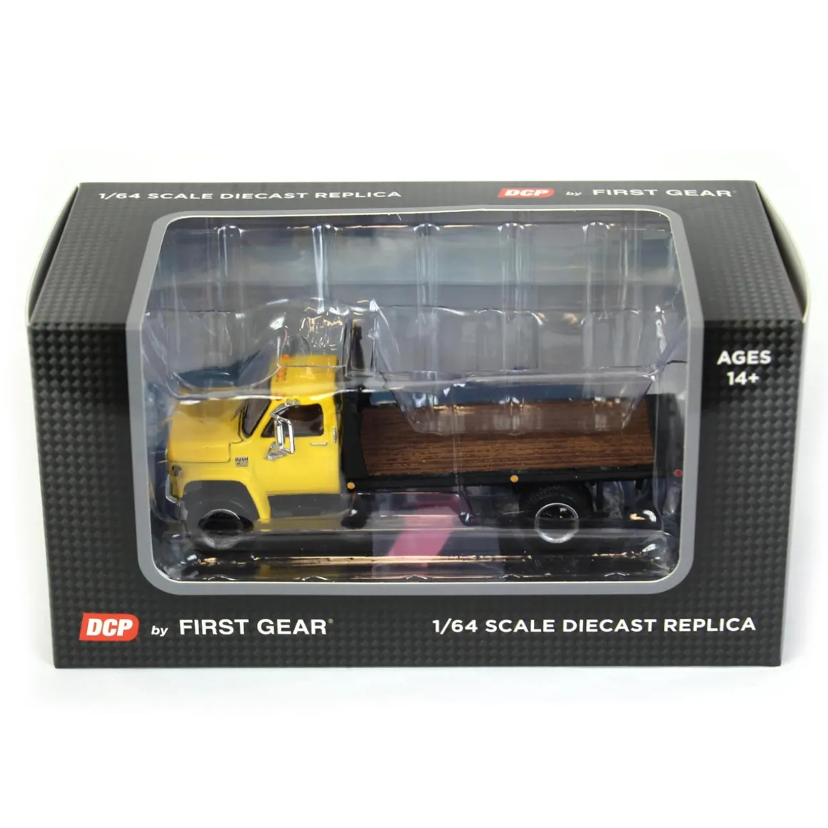 1/64 Yellow Chevy C65 Single Axle Truck with Black Flatbed, DCP by First Gear