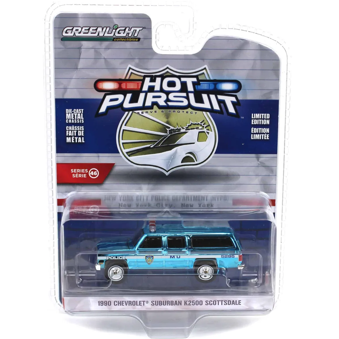 Blue Chrome Super Chase ~ 1/64 1990 Chevrolet Suburban K2500 Scottsdale, NYPD, Hot Pursuit Series 46