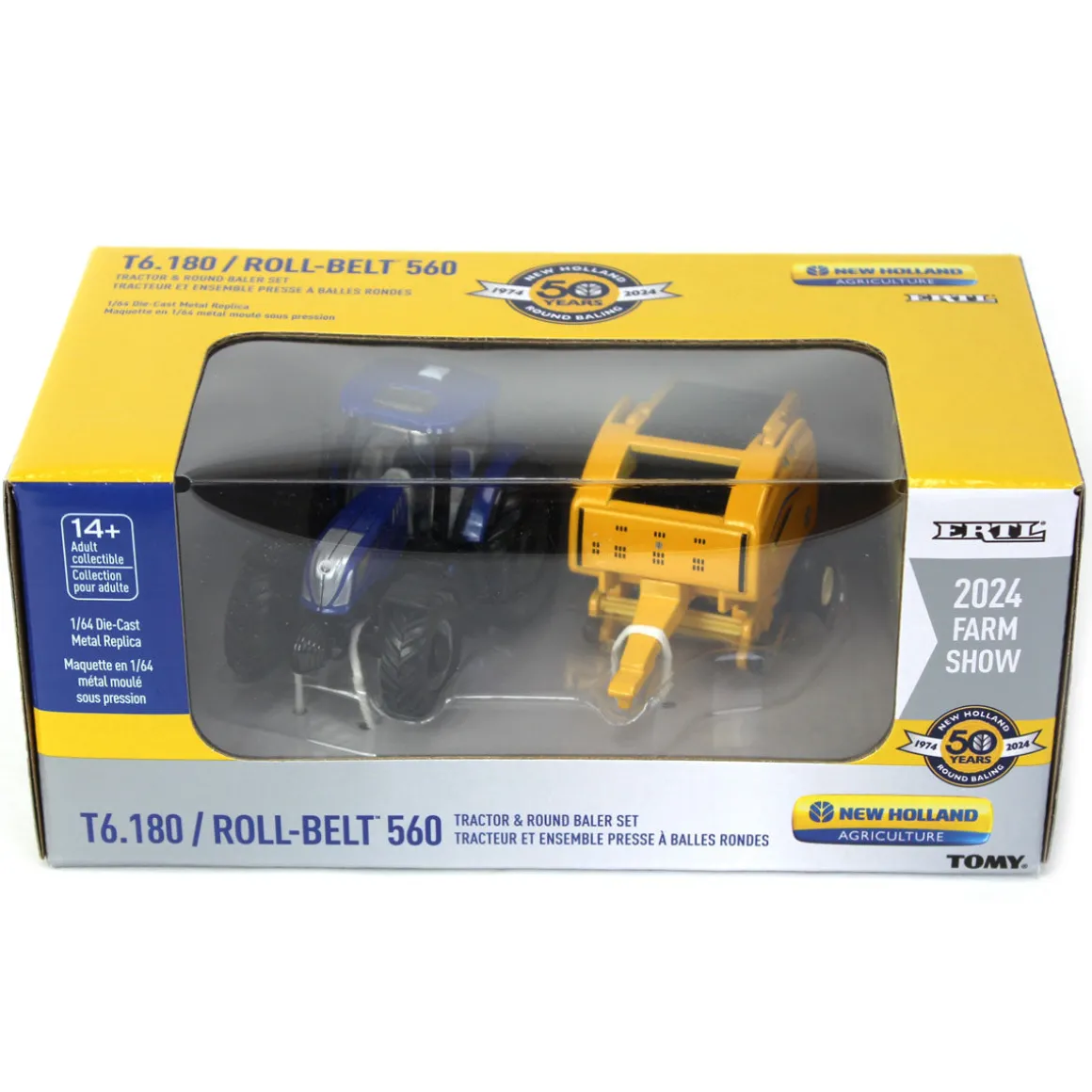 Chase Unit ~ 1/64 New Holland T6.180 w/ Roll-Belt 560 Round Baler & 6 Bales, 50 Years Round Baling, 2024 Farm Show